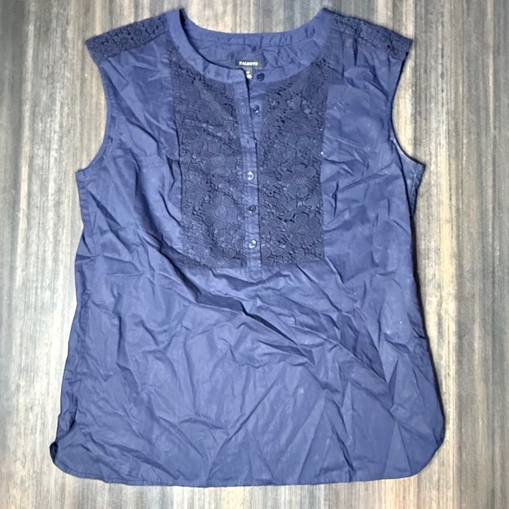 Talbots Blue Sleeveless Top with Lace Detail Button Up Blouse